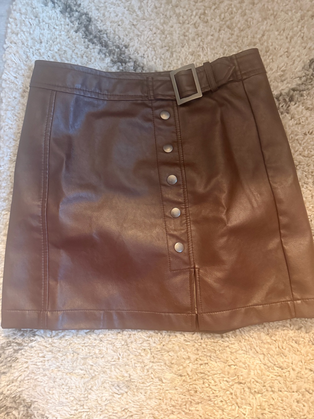 Brown Faux Leather Mini Skirt with Snap Detail